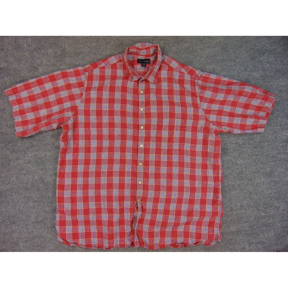 Scott Barber Shirt Mens 2XL Short Sleeve Red Plaid 100% Linen Button Up Summer‎